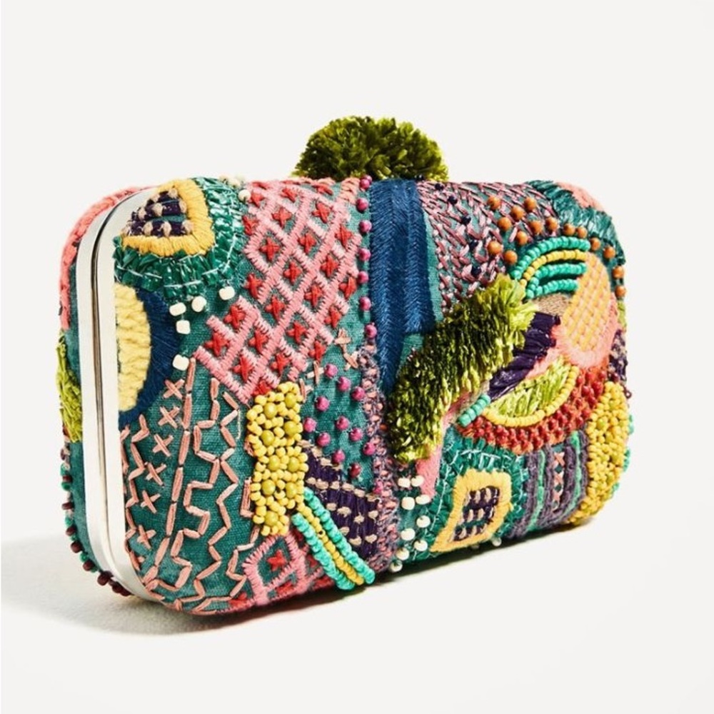 Zara Multi Fabric Beaded Clutch with Crossbody Chain
